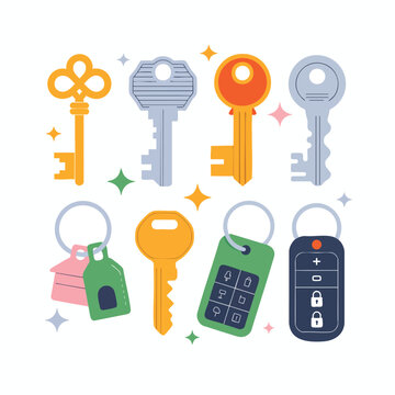 Collection of illustrated keys and car remote fobs with sparkling accents lock unlock
