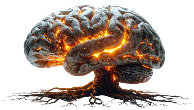 3d rendered illustration of a human brain grown on a tree trunk, isolated on transparent background, concept of intellectual growth
