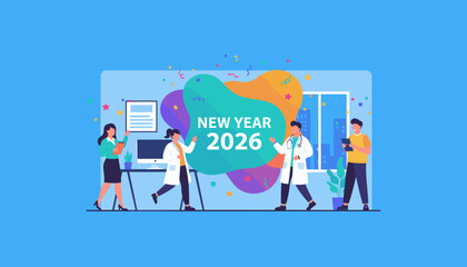 Team of doctors and professionals celebrating New Year 2026 Healthcare business planning illustration