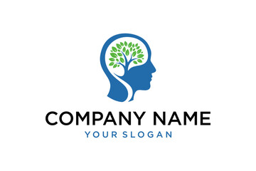 Human Head Profile with Green Tree Brain, Conceptualizing Mind Growth, Health, and Intellectual Nature. Modern Logo Design.