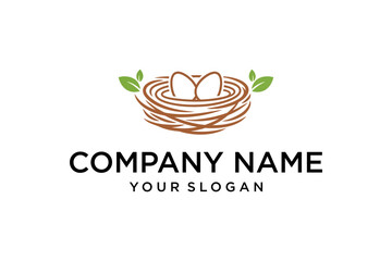 Natural Bird's Nest with Two Eggs and Green Leaves Logo Illustration