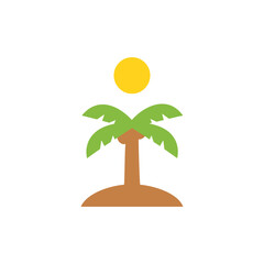 Stylized palm tree stands on small island under bright yellow sun, evoking tropical vacation and relaxation, perfect for travel themes.