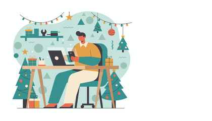 Busy worker using laptop and phone at a holidaydecorated desk Christmas remote work illustration