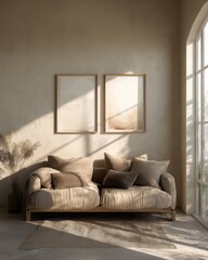 Fototapeta premium A couch with pillows on it in a room with a window