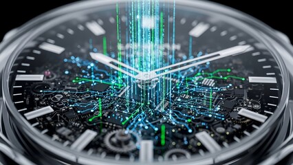 Close-up of a wristwatch showcasing inner workings with digital data streams