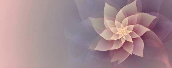 Delicate abstract flower with translucent layered petals in soft pink and lavender hues, radiating calmness and harmony on a gentle gradient background