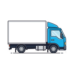 A blue delivery truck with a white cargo box is depicted in a vector illustration against a white background.