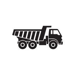 Black and white vector illustration of a dump truck in profile view, featuring a striped bed and detailed cab.