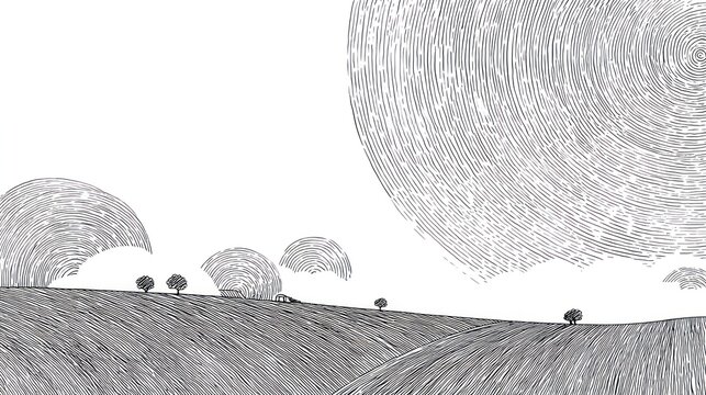 Minimalist landscape illustration featuring stylized clouds and rolling hills in monochrome