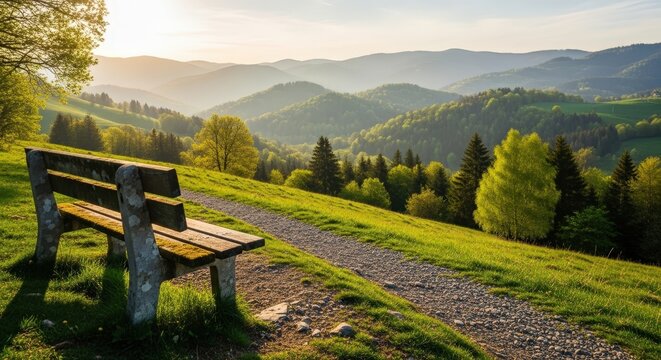 Wooden bench on green hill with gravel path overlooking hazy mountains at golden hour sunset