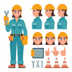 Female construction worker with tools and multiple views of her face and hands female worker