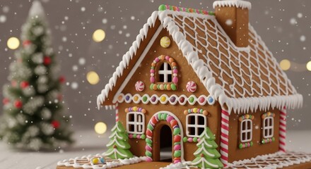 Festive Gingerbread House Decoration Holiday Sweet Treat with Christmas Tree and Snowflakes