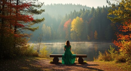 Woman in green dress sitting on wooden bench by misty lake in an autumn forest early morning