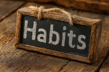 Wooden sign with word HABITS &mdash; motivation and personal growth habits concept.
