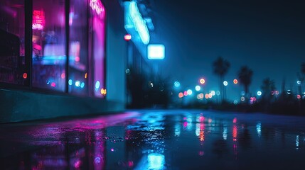 Vibrant Night City Street With Neon Lights And Rain