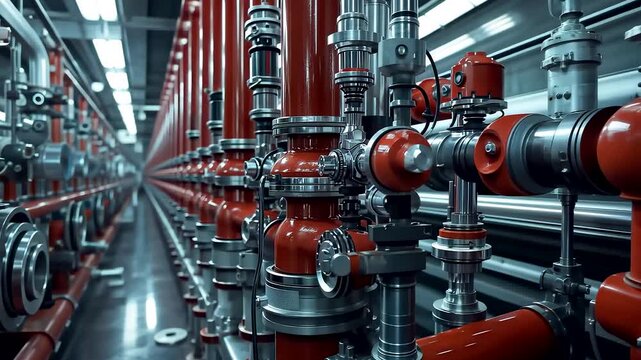 Industrial corridor with rows of red metal pipes and valves in a mechanical facility showing complex engineering and modern infrastructure