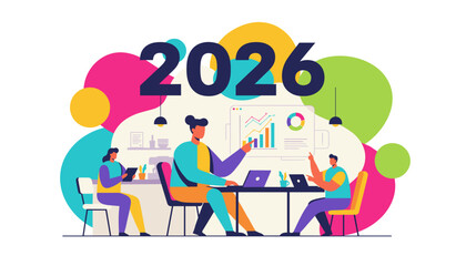 Team planning 2026 business goals Analyzing financial data and future corporate strategy