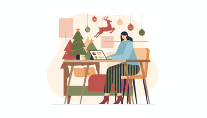 Festive business Woman works remotely on a laptop surrounded by Christmas decorations