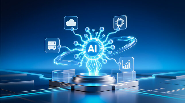 High-tech concept of a smart business solution where Artificial Intelligence acts as the central hub for various enterprise functions.