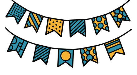 Vibrant party bunting flags with festive geometric patterns create a cheerful atmosphere for celebrations and special events