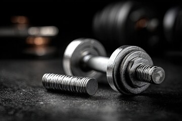 Close Up Metal Dumbbells On Dark Background