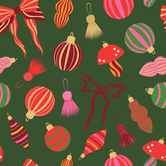 Christmas ornaments vector seamless pattern. Bright striped xmas baubles, mushroom decorations, festive tassels and ribbon bows on green background. Colorful winter holiday decorations repeat design