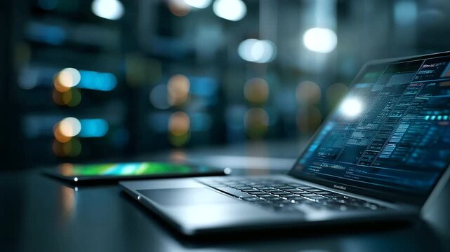 A close up of AI tech on a laptop in a server room handling queries a mockup tablet with a green screen nearby server racks humming blue LEDs glowing AI query processing serve - Powered by Adobe