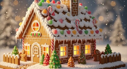Magical Gingerbread House in Winter Wonderland, Illuminated with Festive Lights
