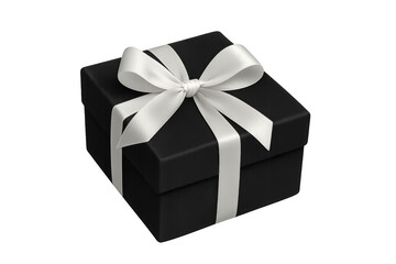 Black gift box with white satin ribbon bow for celebration, surprise, anniversary, or special...