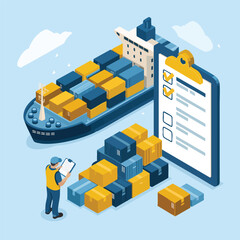 Isometric cargo ship with stacked boxes and checklist clipboard container ship shipping