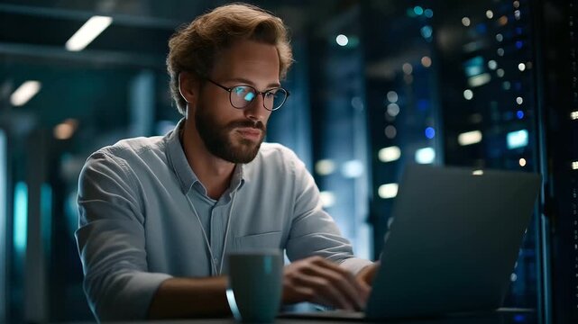 A data center engineer uses a laptop with AI visualization tools to optimize resource allocation server racks humming softly blue LED lights casting a glow a coffee mug on the