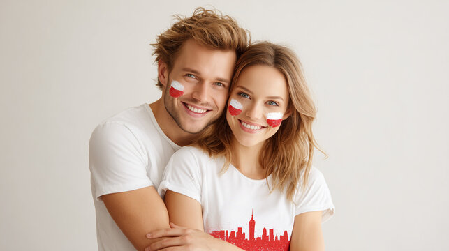 Loving Couple with White and Red Polish Flag Face Paint, Studio Portrait Celebrating Independence Day, November 11th