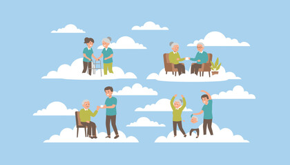 Illustrations of elderly people receiving care exercising and enjoying life on clouds Happy aging concept