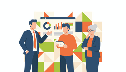 Business professionals review financial data analysis and growth strategy