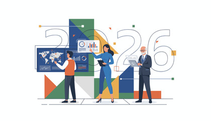 Forecasting 2026 Business team analyzing global data and financial charts