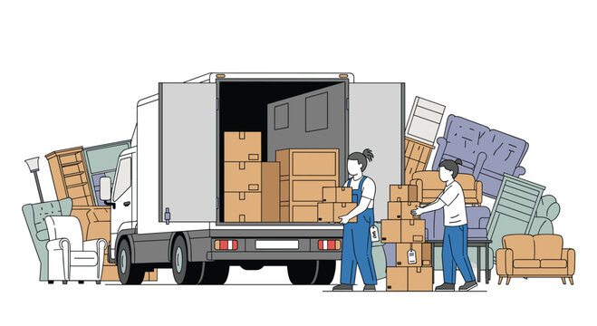 Dedicated movers efficiently pack and transport furniture and boxes into a large truck, streamlining relocation services for a smooth transition