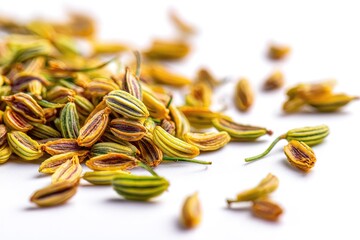 Closeup Of Dried Fennel Seeds On White Surface
