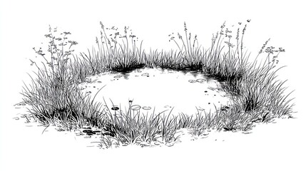 Ink illustration of grassy circle design with plant details and copy space