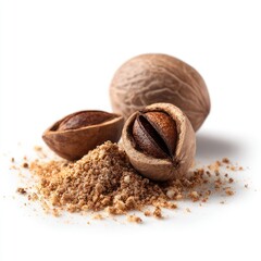 Whole And Ground Nutmeg Isolated On White Background