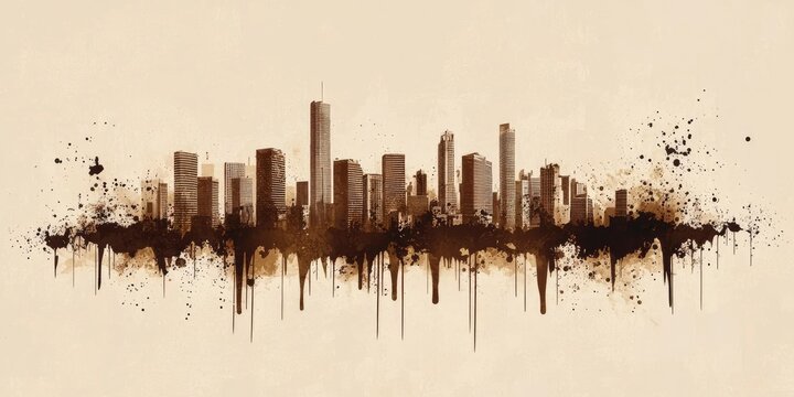 Fototapeta A brown and white city skyline with splatters of black paint, set against a beige background.