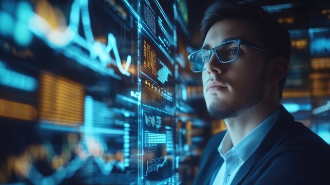 Finance Analyst Observing Data Graphs on Digital Screens