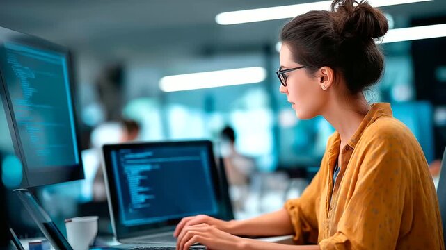 A female engineer develops apps using an AI LLM chatbot debugging on multiple devices a startup office with whiteboards AI app development chatbot debugging tech internship