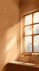 Beige Room Interior With Window And Snow