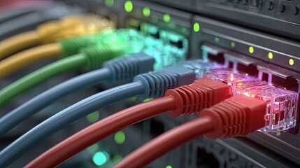 Colorful Network Cables Connected To Server Rack