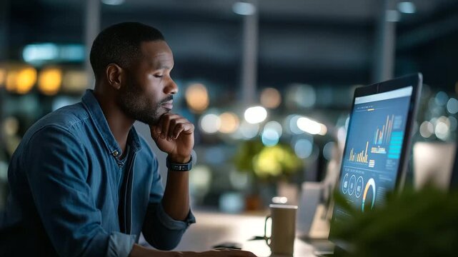 An African American engineer reviews big data on a dashboard coding algorithms a futuristic interface glowing his desk with a coffee mug and plants big data analysis AI coding
