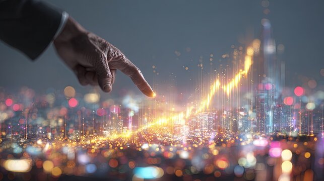 Business Hand Pointing To Growing Graph Over Night Cityscape
