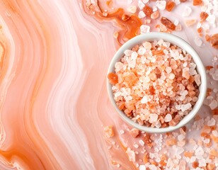 Overhead shot of Himalayan pink salt in a white bowl, textured background