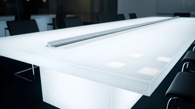 Modern conference room with a large, bright, illuminated table and black chairs