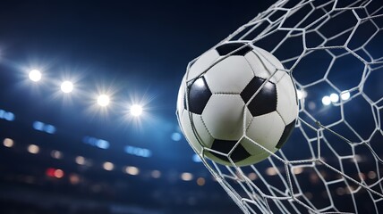 Soccer ball in net stadium lights goal scored