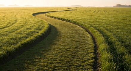 Winding Path Through Green Field at Sunrise